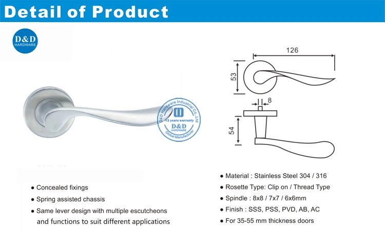 SS316 Furniture Hardware Solid Handle Safety Satin Door Lever